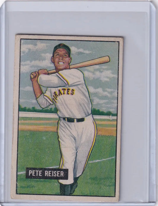 Vintage Pete Reiser baseball card from 1951 Bowman Baseball showcasing the Pittsburgh Pirates