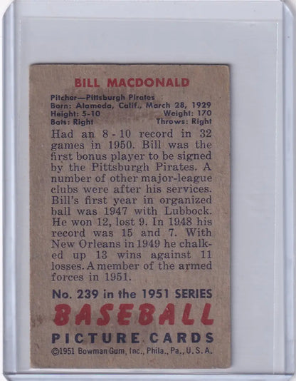 Vintage Bill MacDonald baseball card from the 1951 Bowman Baseball Pittsburgh Pirates series