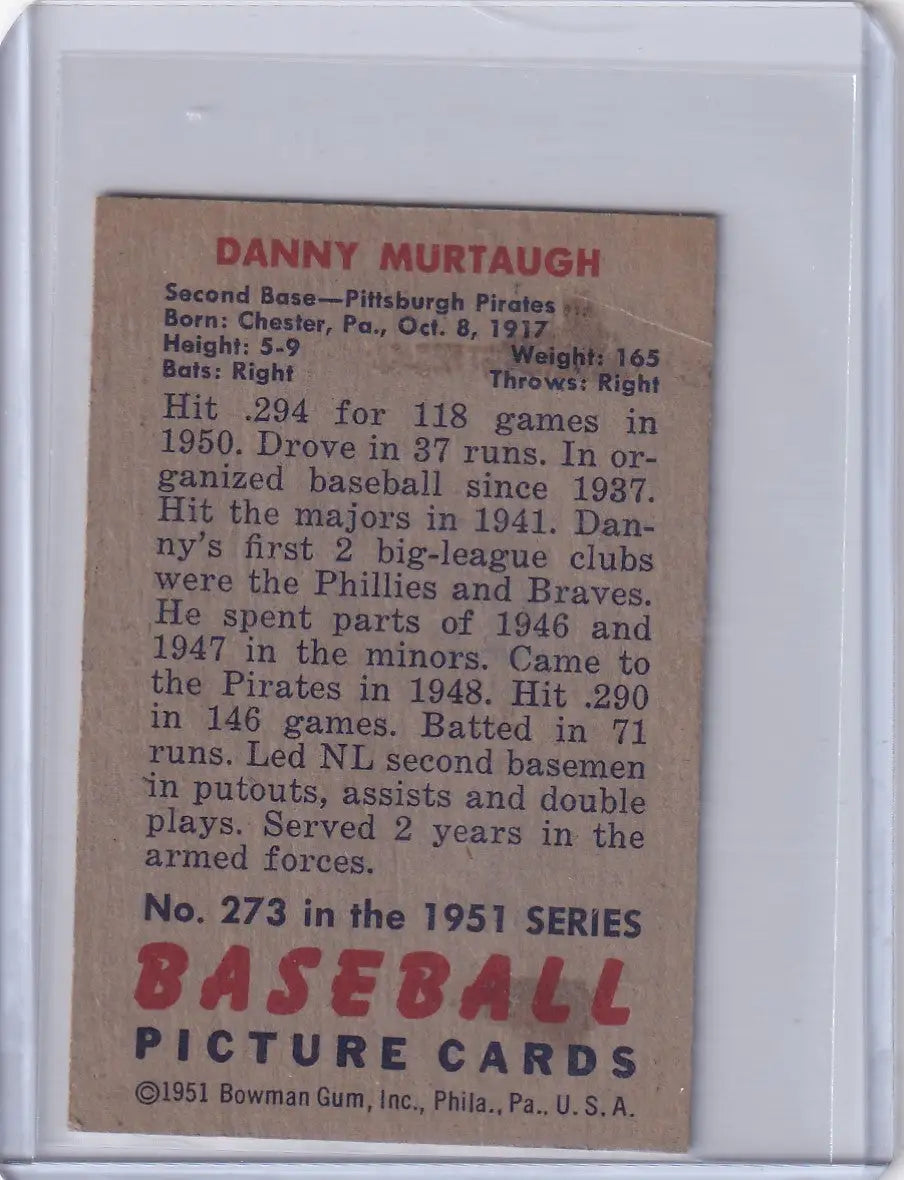 Vintage Danny Murtaugh 1951 Bowman Baseball card featuring Pittsburgh Pirates icon