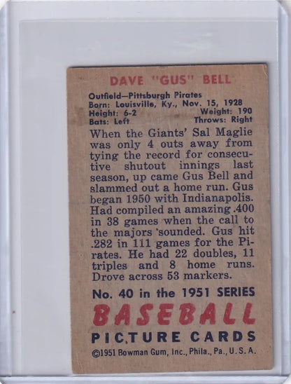 Vintage 1951 Bowman Baseball card of Dave Bell from the Pittsburgh Pirates