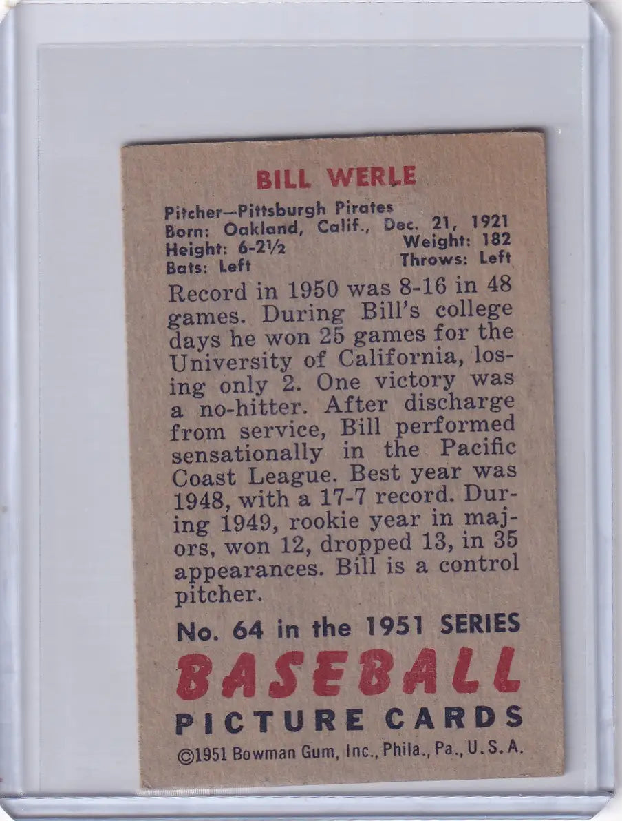 Vintage 1951 Bowman Baseball card featuring Bill Werle of the Pittsburgh Pirates