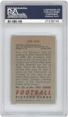 Reverse side of 1951 Bowman Joe Geri football card PSA 4 featuring Bowman Joe Geri