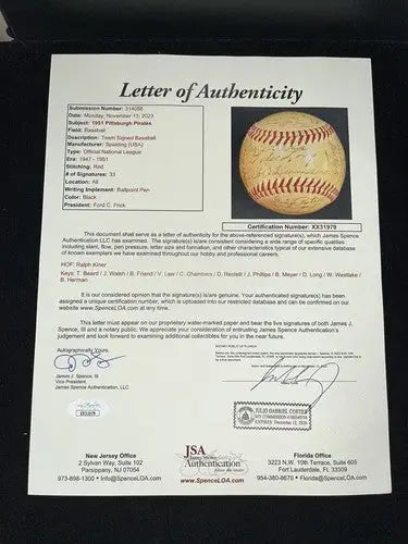 1951 Pittsburgh Pirates Team Signed Baseball JSA LOA 33 Sigs Auto Spalding Ball