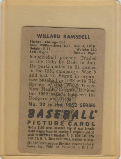 Vintage baseball card featuring Willard Ramsdell Chicago Cubs statistics and biography