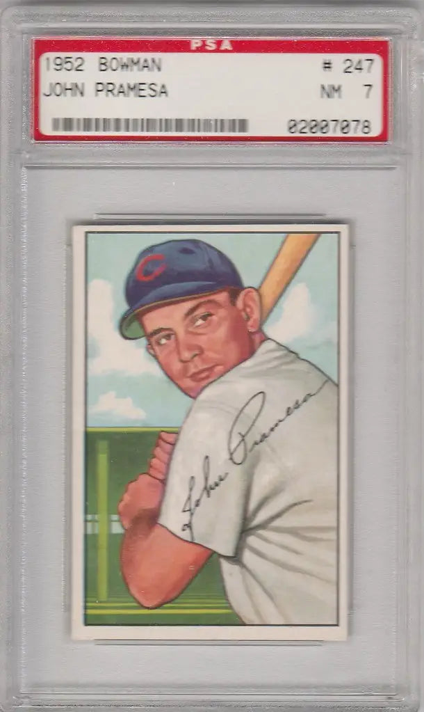 Graded 1952 Bowman 247 John Pramesa Chicago Cubs PSA 7 card featuring player in batting stance