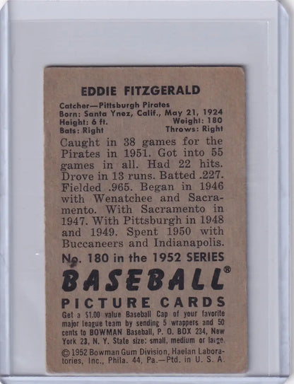 Vintage Eddie Fitzgerald baseball card from 1952 Bowman Baseball featuring Pittsburgh Pirates