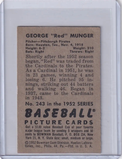 Vintage 1952 Bowman Baseball card of Red Munger UER from the Pittsburgh Pirates
