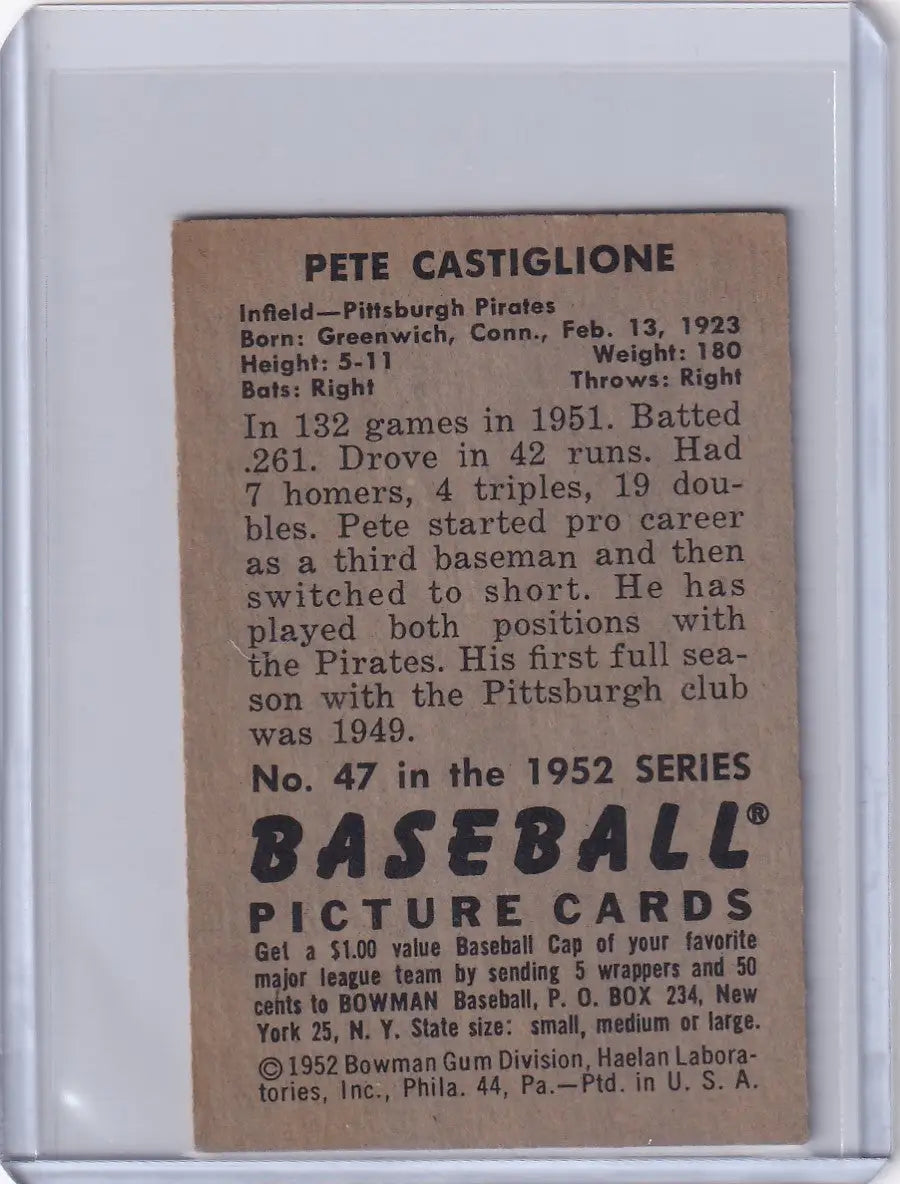 Vintage Pete Castiglione baseball card from 1952 Bowman Baseball, Pittsburgh Pirates