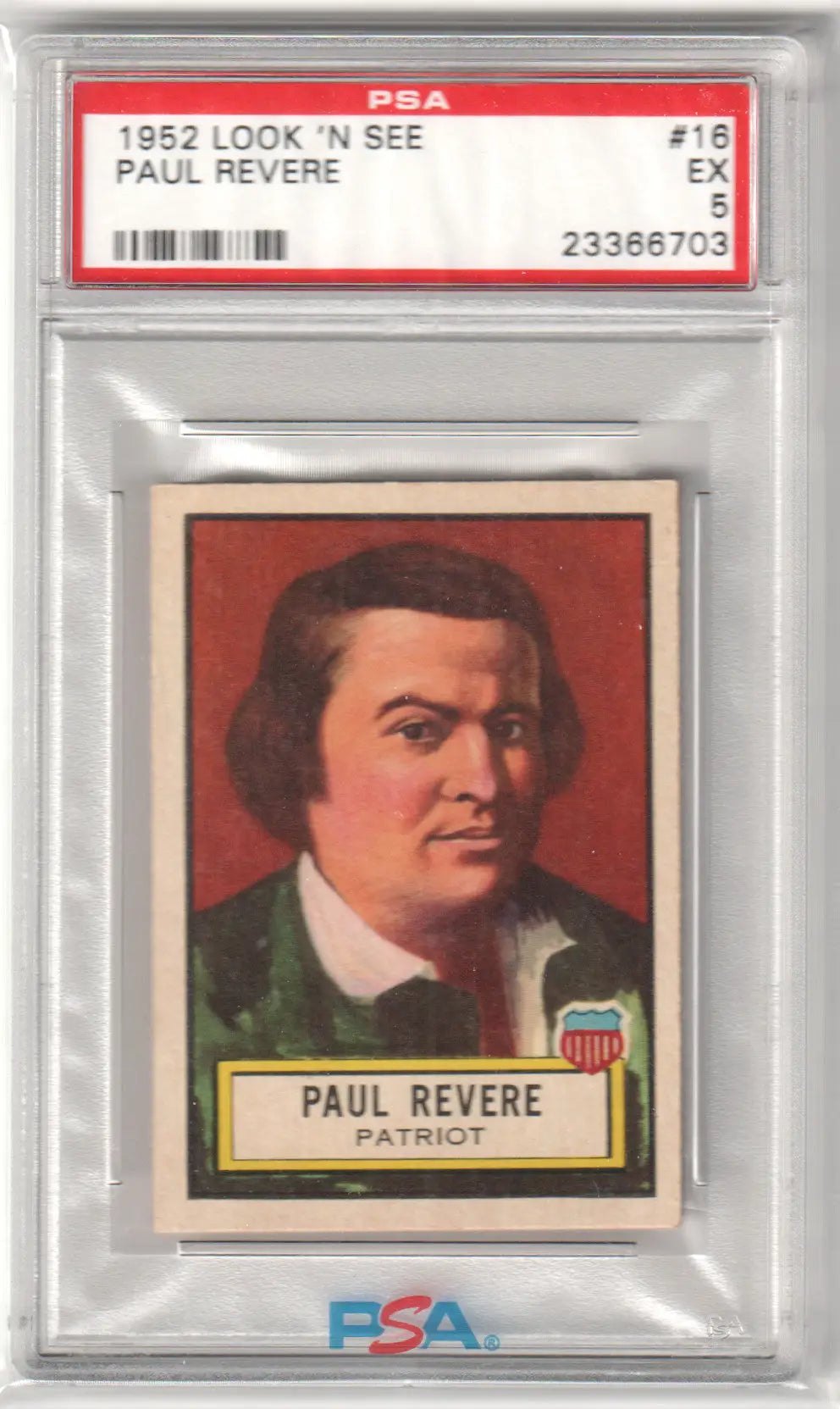 Graded Paul Revere trading card from 1952 Look N See series PSA 5