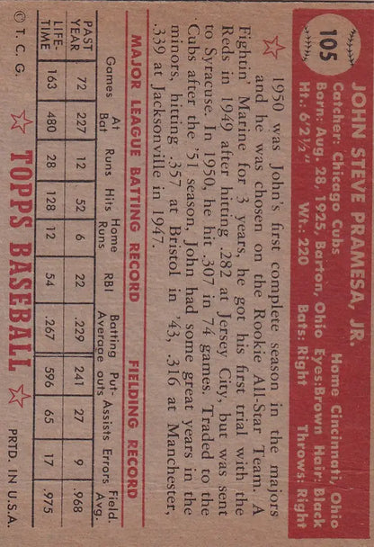 Vintage 1952 Topps Baseball card of John Pramesa Chicago Cubs player statistics