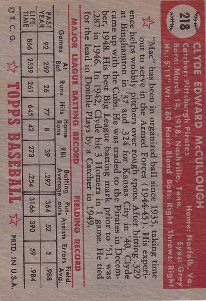 Vintage 1952 Topps Baseball card of Clyde McCullough Pittsburgh Pirates player statistics