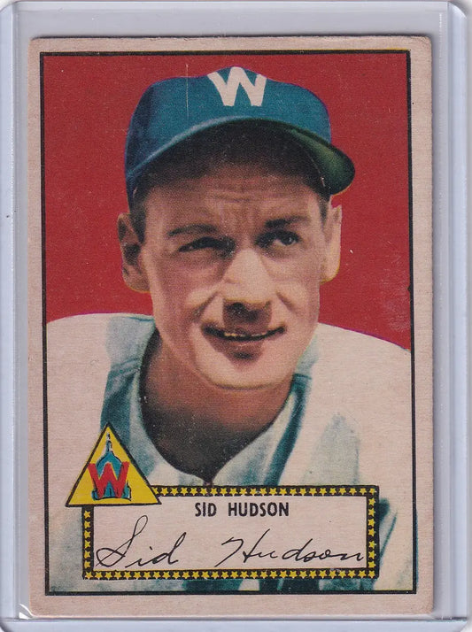 Vintage 1952 Topps Baseball card of Sid Hudson, Washington Senators player in uniform