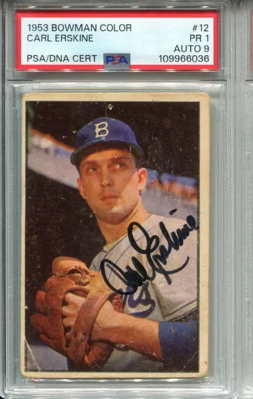 1953 Bowman Carl Erskine Brooklyn Dodgers baseball card with autograph graded PSA 1 DNA 9