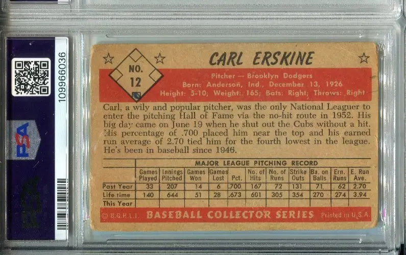 Back of a graded vintage Carl Erskine Brooklyn Dodgers Bowman card with auto and PSA 1 DNA