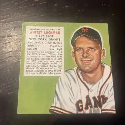 Whitey Lockman 1953 Red Man baseball card with crease in product display
