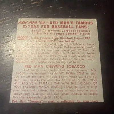 Vintage Red Man Man baseball card advertisement featuring Whitey Lockman from 1953