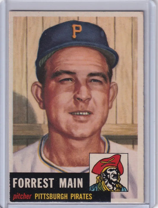Vintage Topps Baseball card of Forrest Main, Pittsburgh Pirates pitcher in navy cap