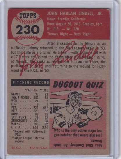 Vintage Topps baseball card #230 of Johnny Lindell with Pittsburgh Pirates logo