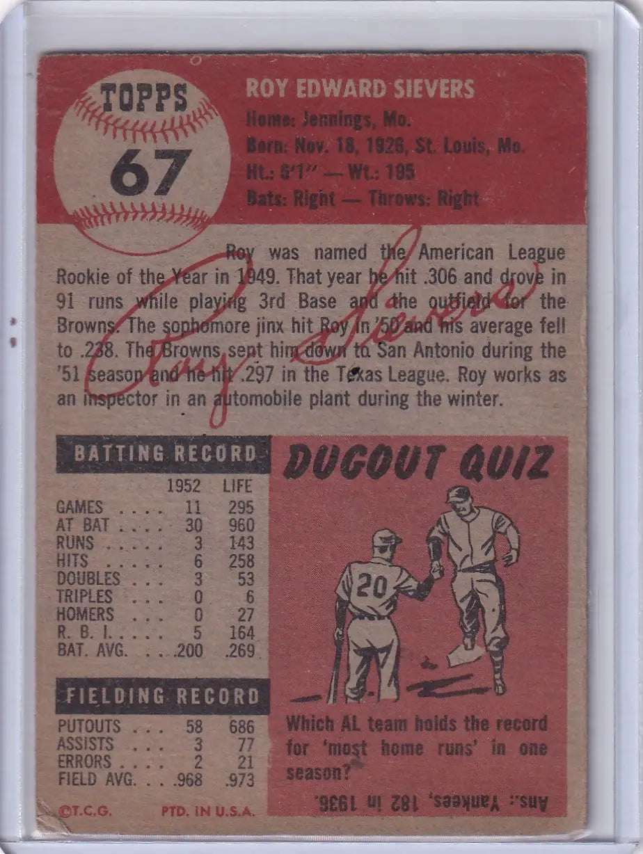 Vintage 1967 Topps Baseball card back with Roy Sievers and St. Louis Browns stats