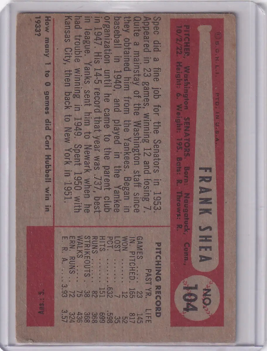 Vintage Frank Shea baseball card from 1954 Bowman showcasing Washington Senators player