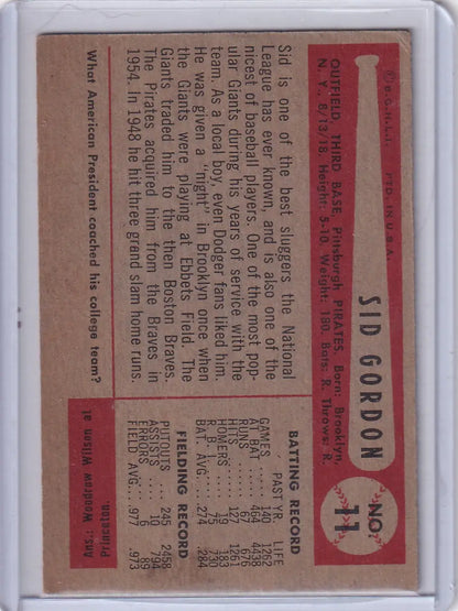 Vintage Sid Gordon baseball card from 1954 Bowman featuring Pittsburgh Pirates player