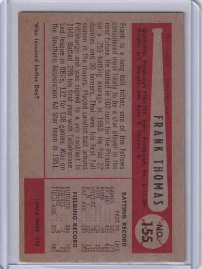 Vintage baseball card of Frank Thomas rookie from Pittsburgh Pirates 1954 Bowman #155