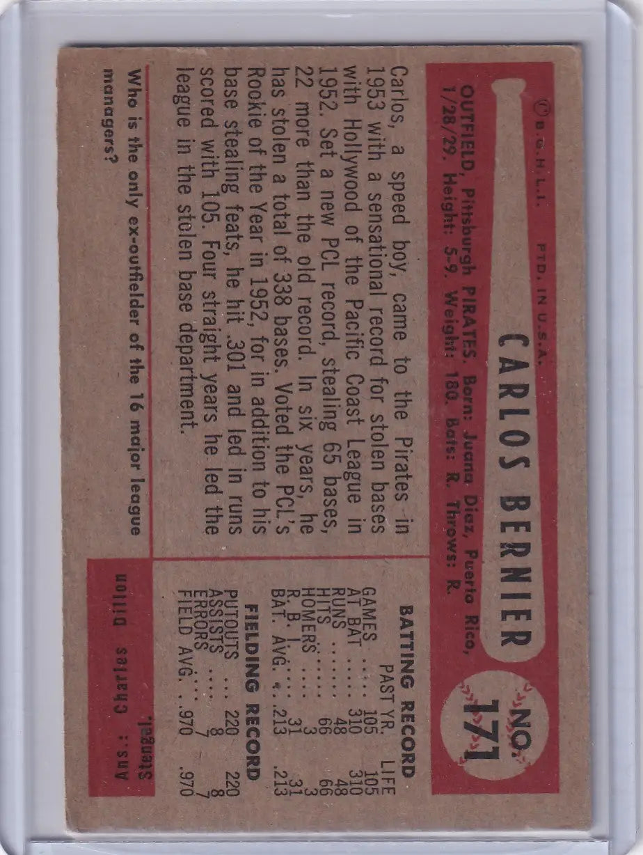Vintage Carlos Bernier baseball card from 1954 Bowman featuring Pittsburgh Pirates player