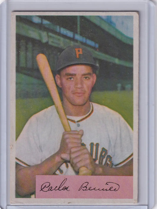 Vintage baseball card featuring Carlos Bernier of the Pittsburgh Pirates from 1954 Bowman