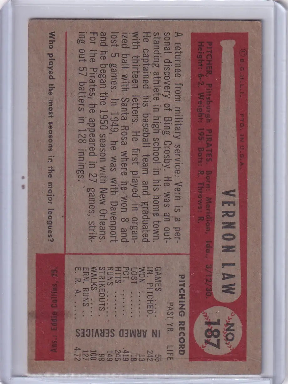 Vintage Vernon Law baseball card from 1954 Bowman featuring Pittsburgh Pirates player