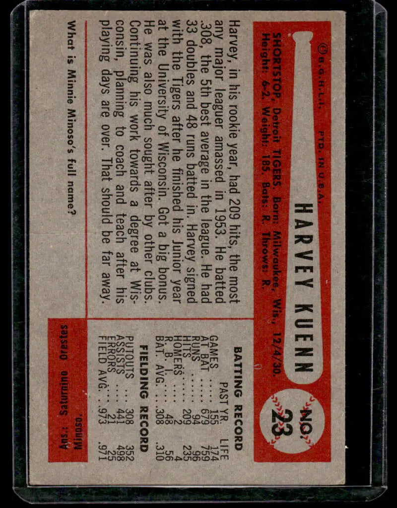 Vintage 1954 Bowman #23 Harvey Kuenn Detroit Tigers baseball card with stats and text