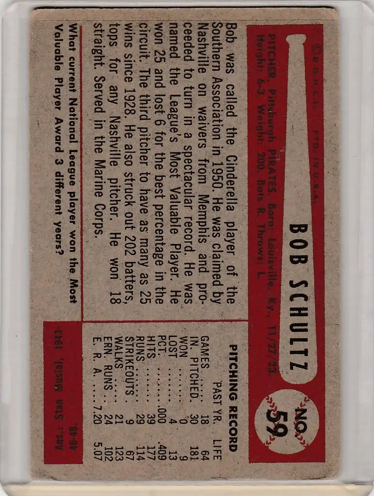 Vintage baseball card of Bob Schultz Pittsburgh Pirates with player stats and bio