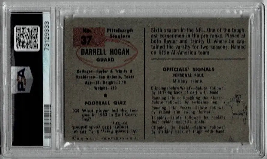 1954 Bowman Auto Card # 37 Darrell Hogan Pittsburgh Steelers PSA 2 DNA 8 Signed