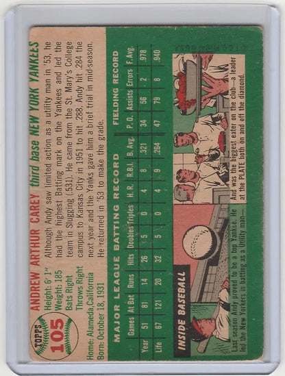 Vintage Baseball Card of Andy Carey, New York Yankees VGEX with player stats and illustration