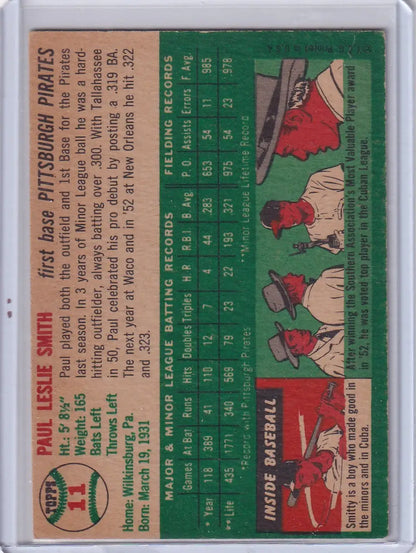 Vintage baseball card of Paul Smith - Pittsburgh Pirates RC, 1954 Topps #11