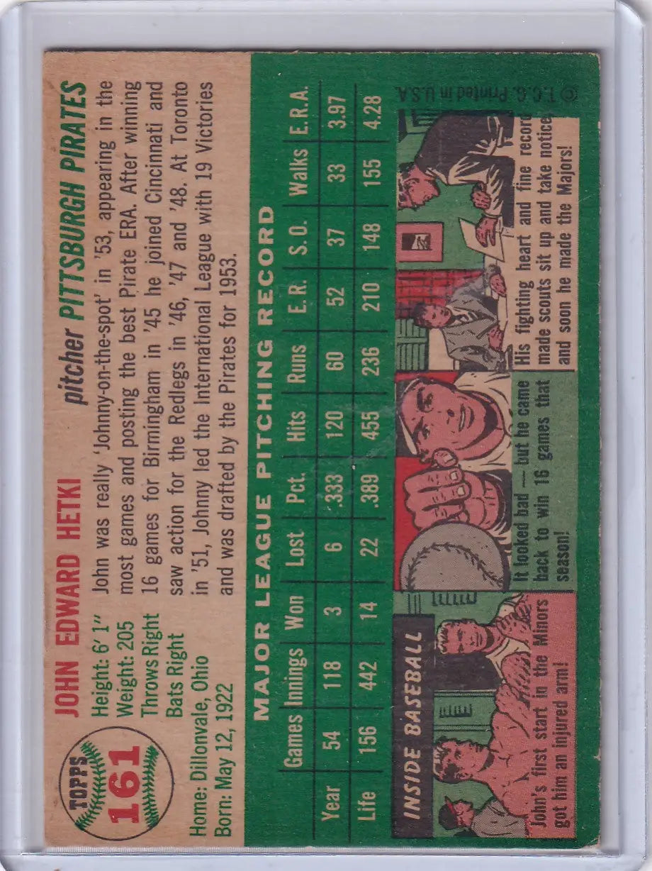 Vintage baseball card of John Hetki, 1954 Topps #161 from the Pittsburgh Pirates