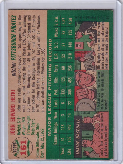 Vintage baseball card of John Hetki, 1954 Topps #161 from the Pittsburgh Pirates