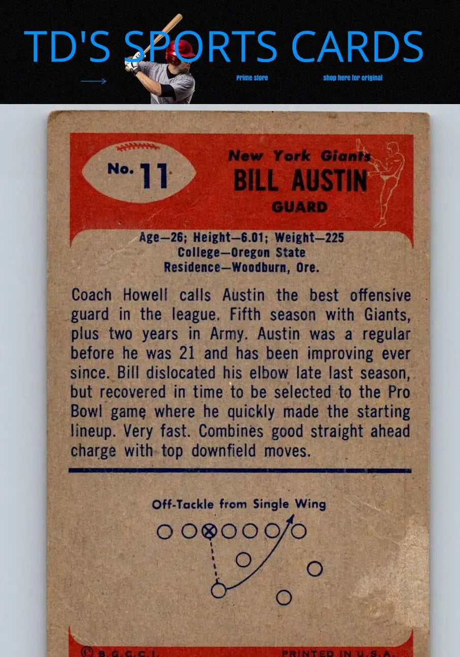 Vintage Bill Austin football card from the 1955 Bowman trading cards collection