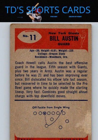 Vintage Bill Austin football card from the 1955 Bowman trading cards collection