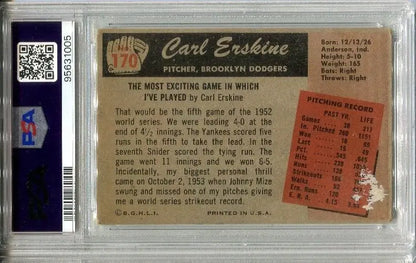 Graded Carl Erskine baseball card from 1955 Bowman Brooklyn Dodgers trading card set