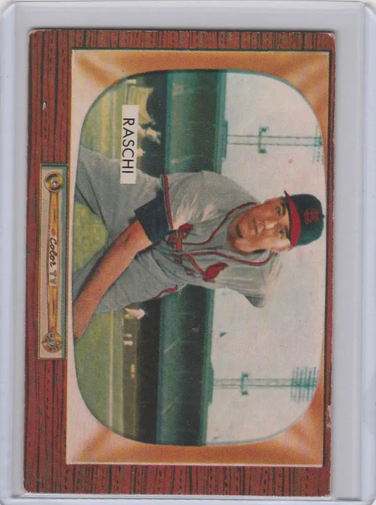 Baseball card of Vic Raschi, St Louis Cardinals pitcher in gray uniform and red cap