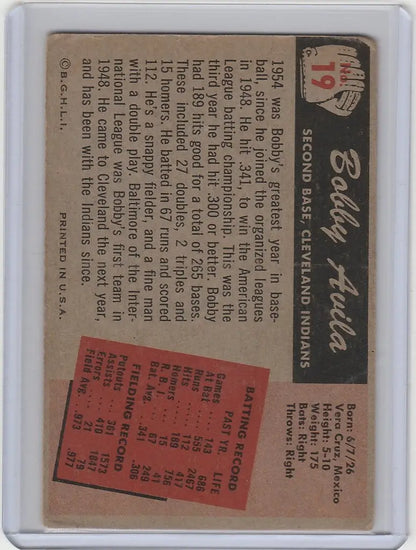 Vintage 1955 Bowman Bobby Avila Cleveland Indians baseball card with player stats