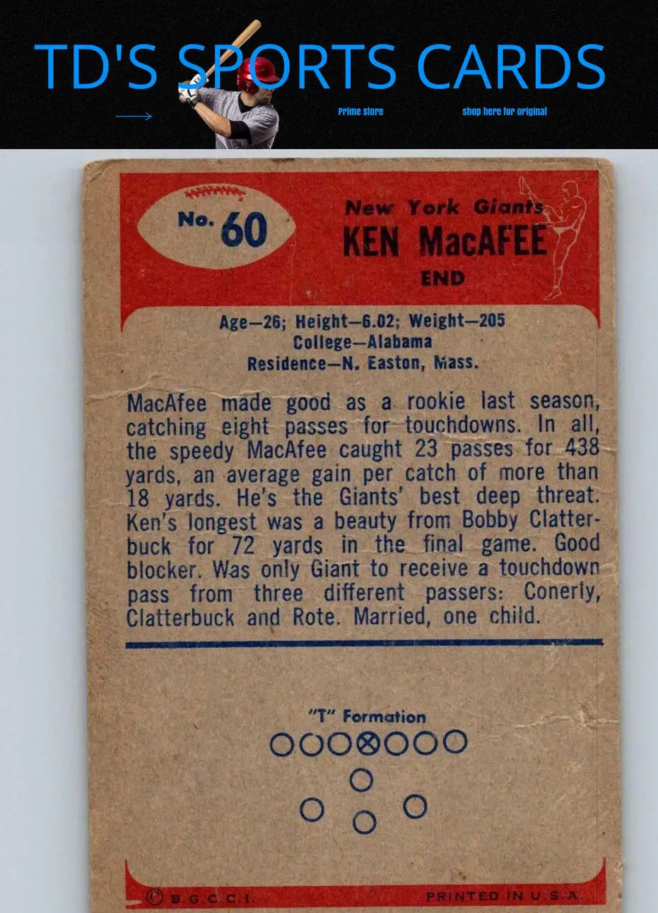 Vintage Ken MacAfee 1955 Bowman #60 trading card for baseball card collectors
