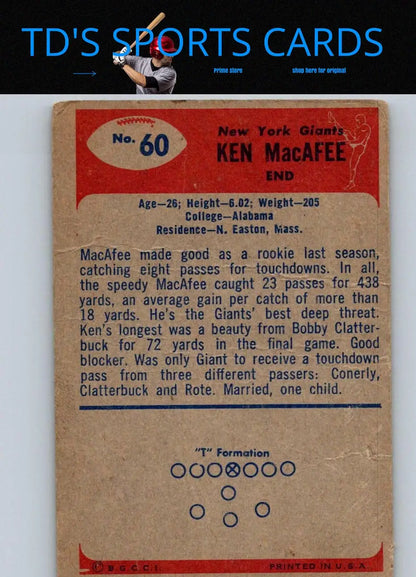 Vintage Ken MacAfee 1955 Bowman #60 trading card for baseball card collectors