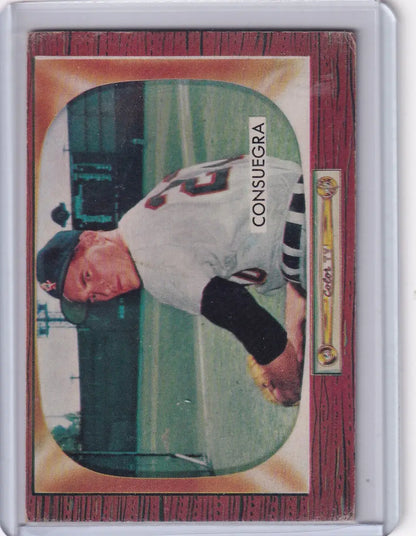 Baseball card featuring Sandy Consuegra of the Chicago White Sox from Bowman Baseball 1955