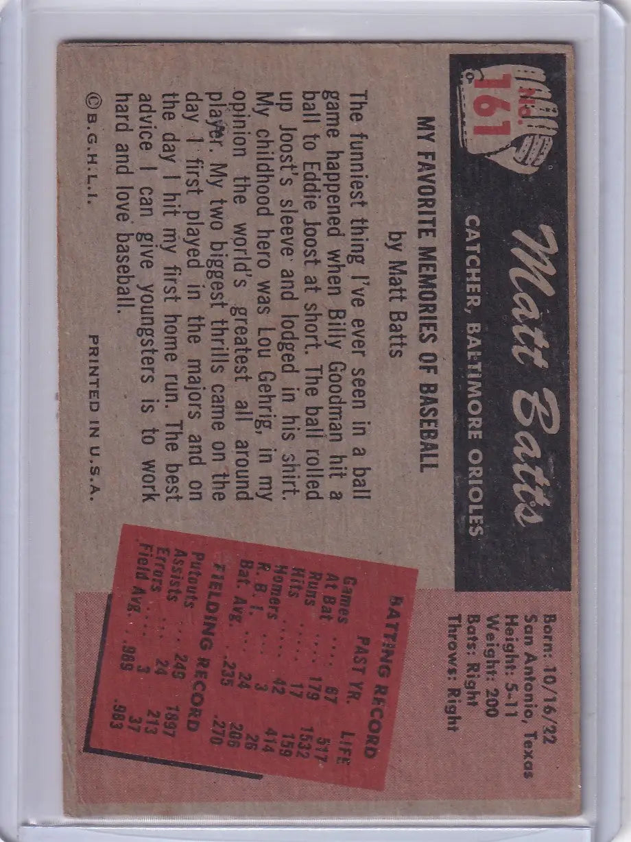 Vintage Bowman Baseball card of Matt Batts Baltimore Orioles with career stats and anecdotes