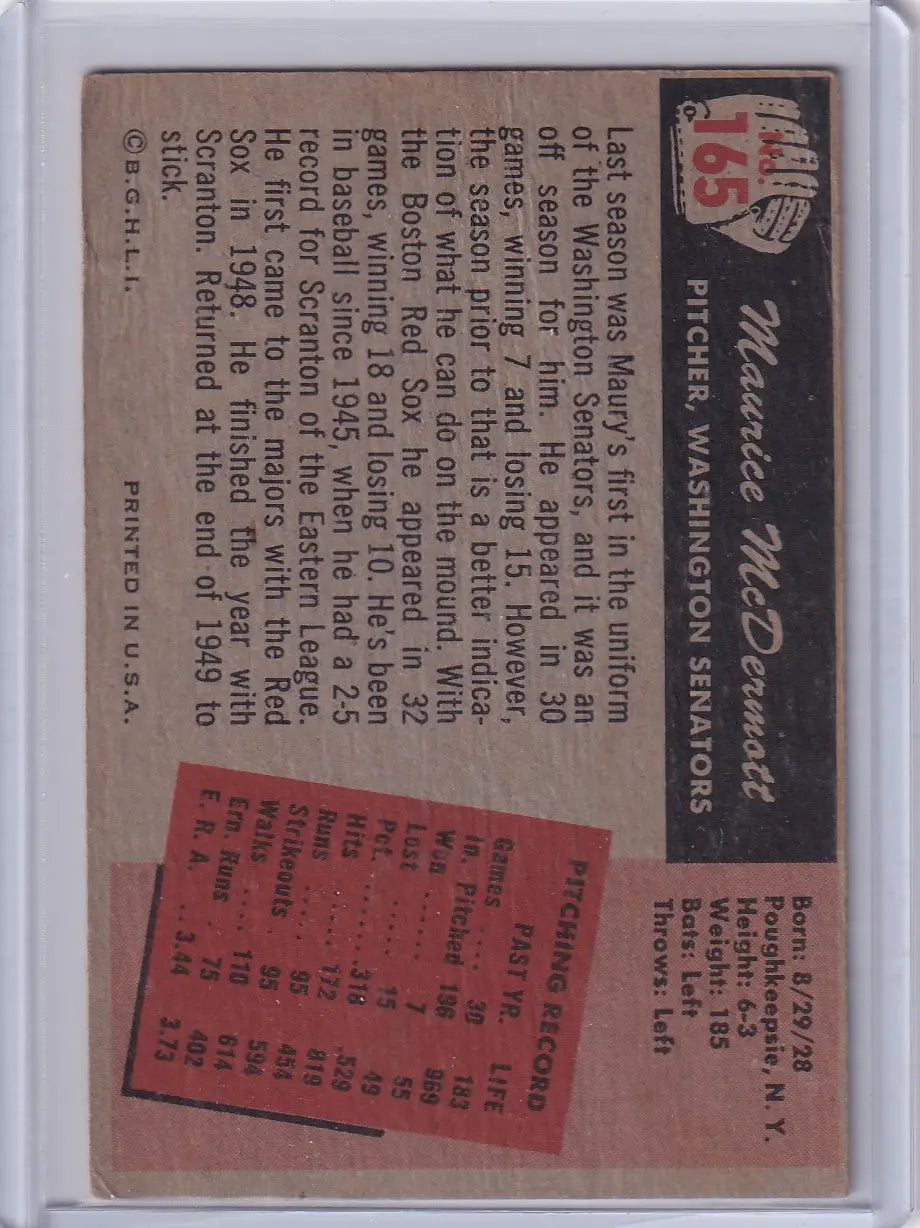 Vintage Bowman Baseball card of Maurice McDermott Washington Senators with stats and details