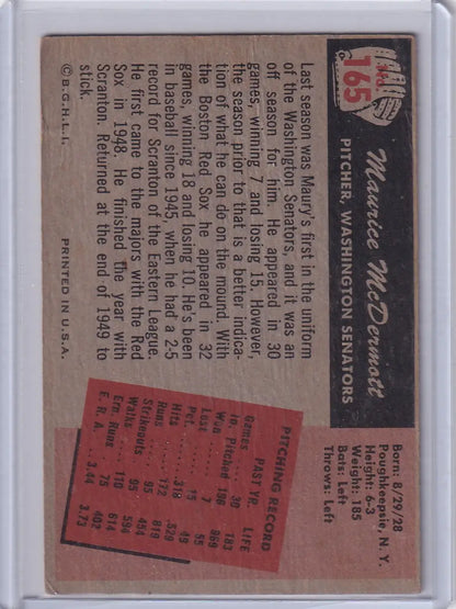 Vintage Bowman Baseball card of Maurice McDermott Washington Senators with stats and details