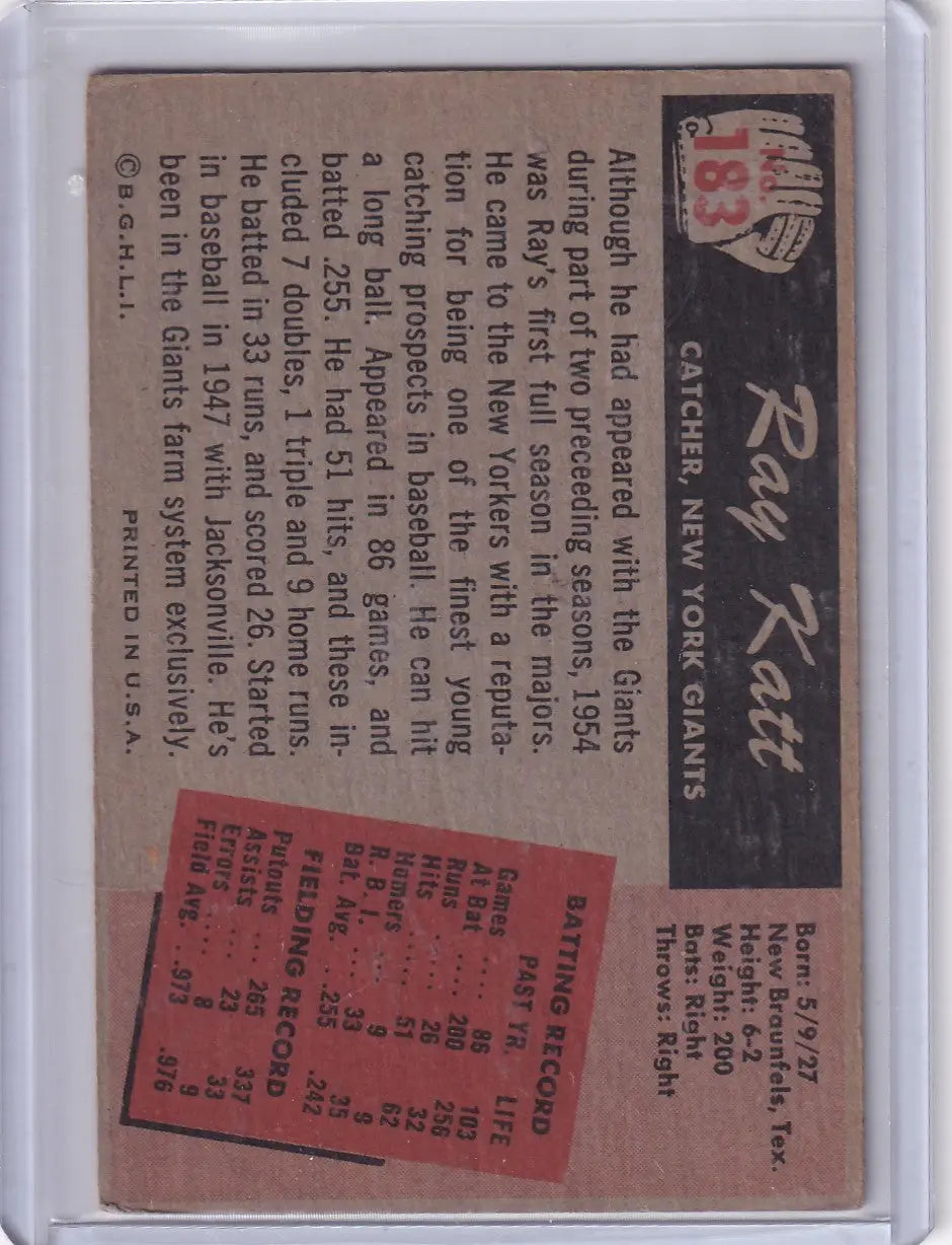 Vintage Bowman Baseball card featuring Ray Katt of the New York Giants