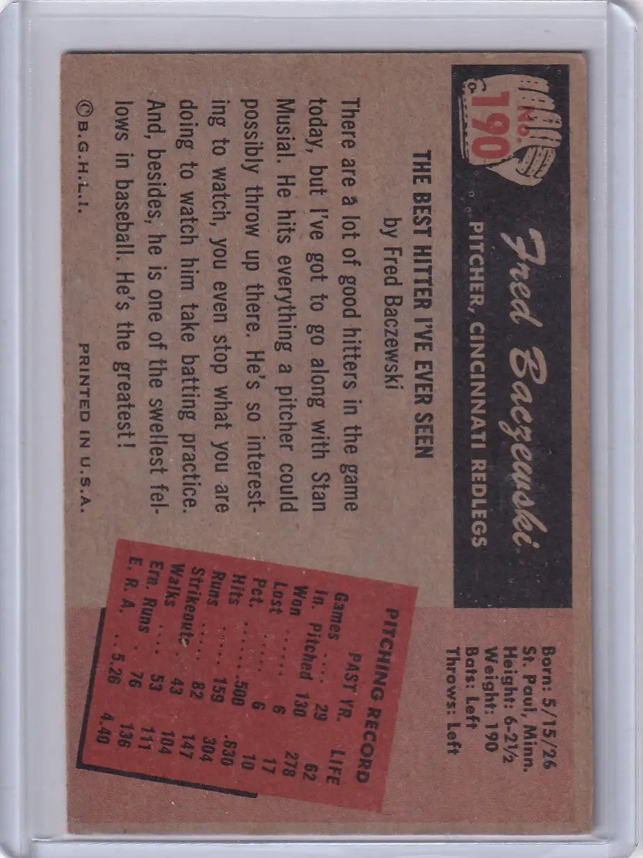 Baseball card of Fred Baczewski from Bowman Baseball series featuring Cincinnati Redlegs pitcher