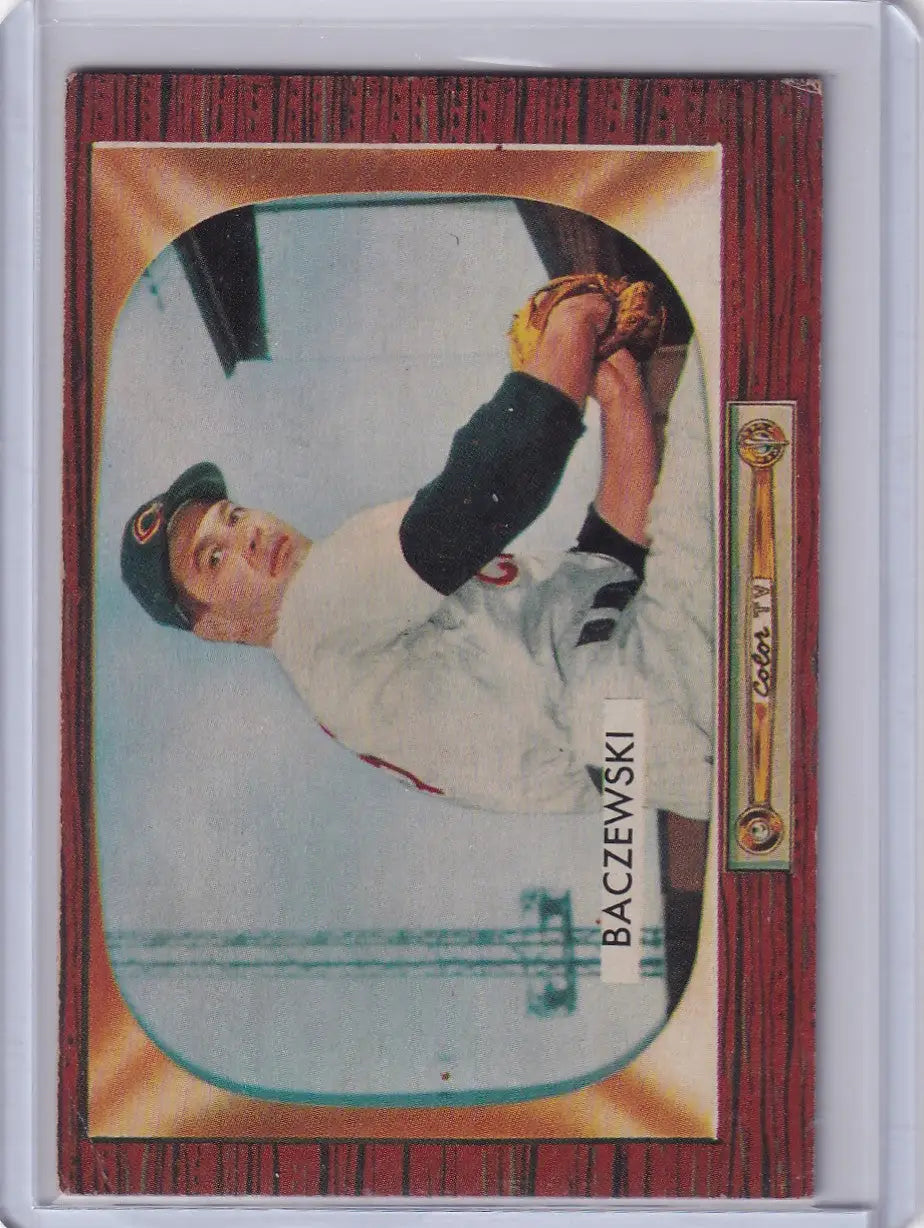 Vintage Bowman Baseball trading card of Fred Baczewski from Cincinnati Redlegs with wood grain border